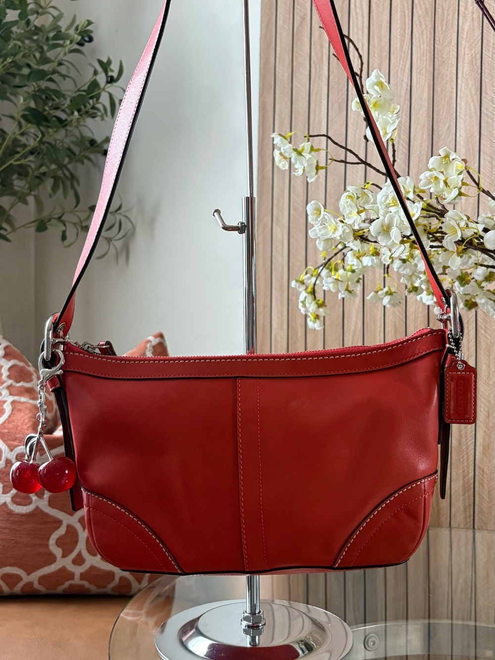 Vintage Coach Red Leather Shoulder Bag with Cherry Charm